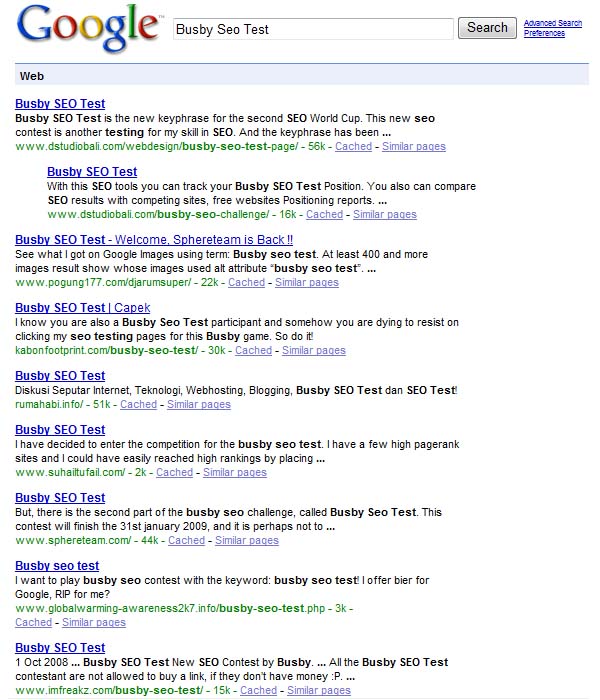 Busby Seo Test Rankings on sunday October 26th, 2008